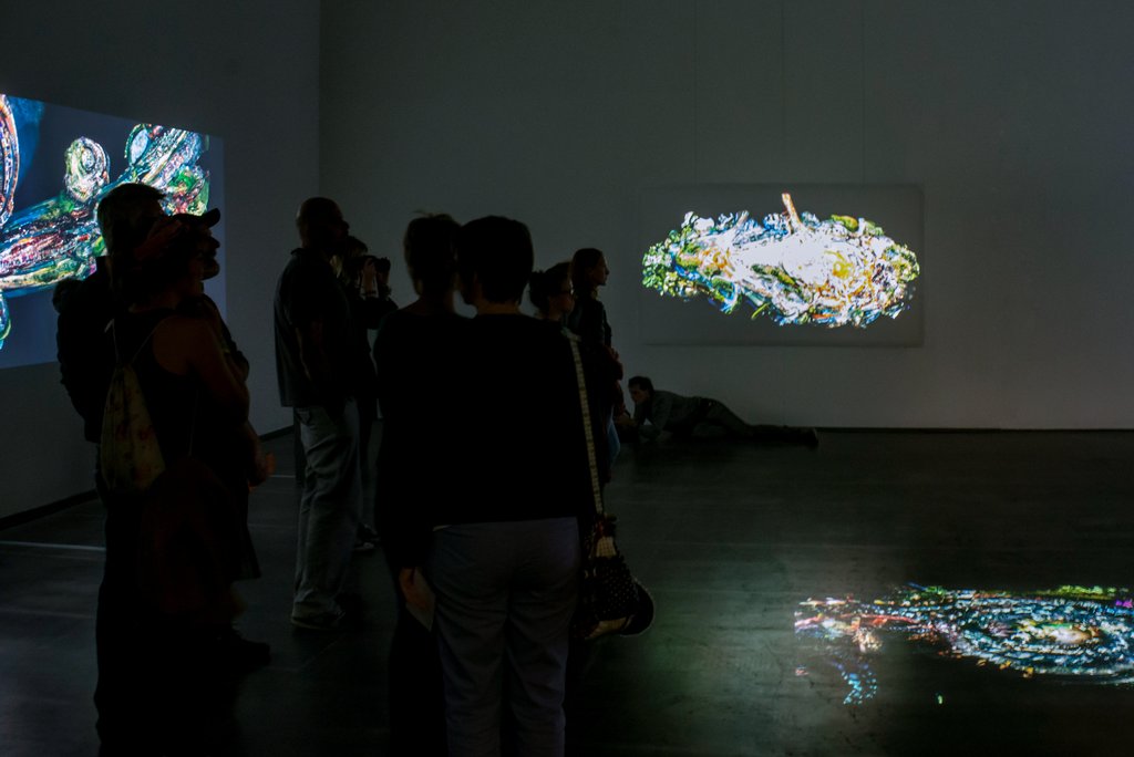 The photo shows the upper floor of the Edith Russ House with the Exhibition view Jakub Nepraš Video | Installation. Photo © Edith-Russ-Haus