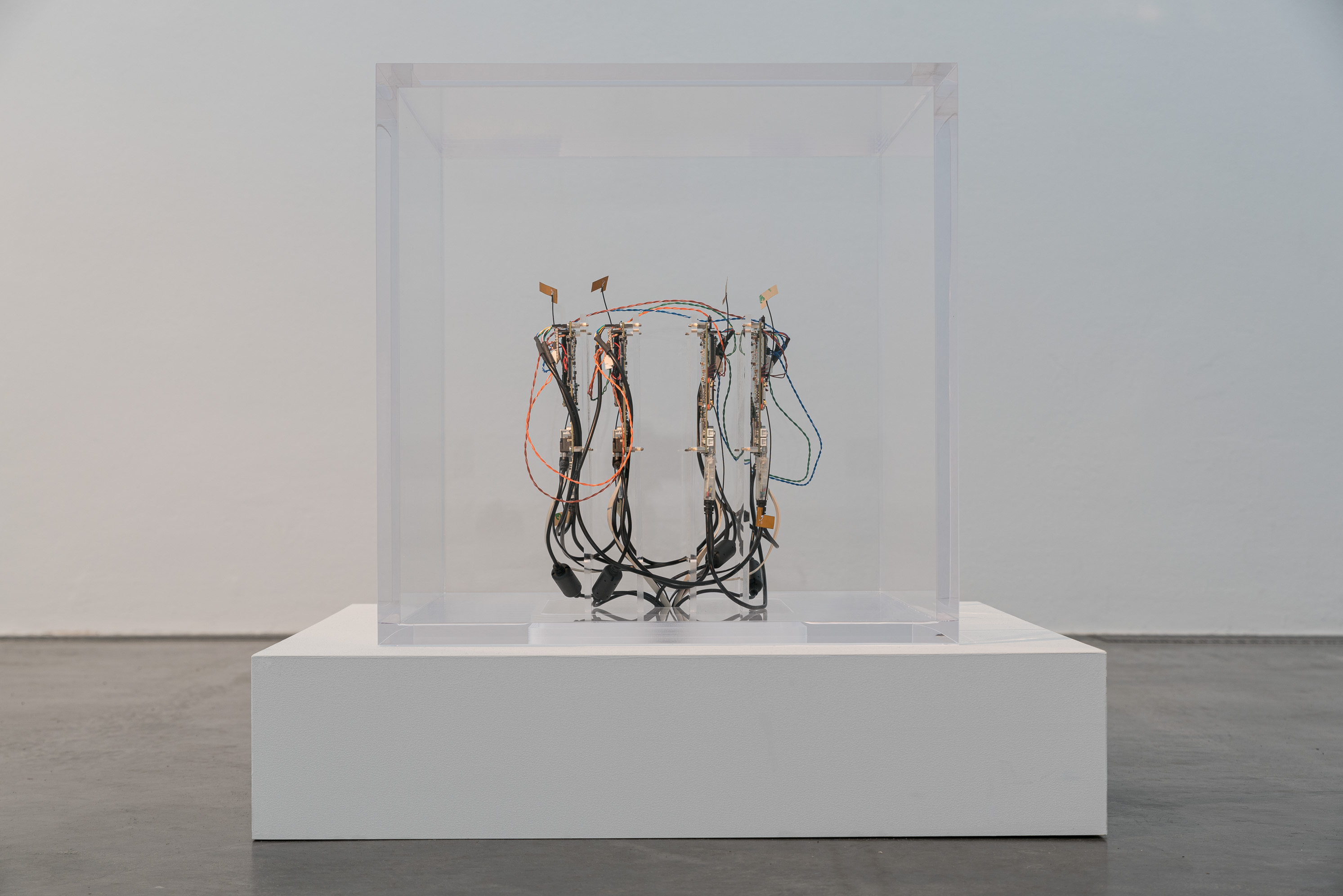 Das Foto zeigt das Obergeschoss des Edith-Russ-Hauses mit der Ausstellungsansicht Trevor Paglen & Jacob Appelbaum: Autonomy Cube. Foto © Edith-Russ-Haus