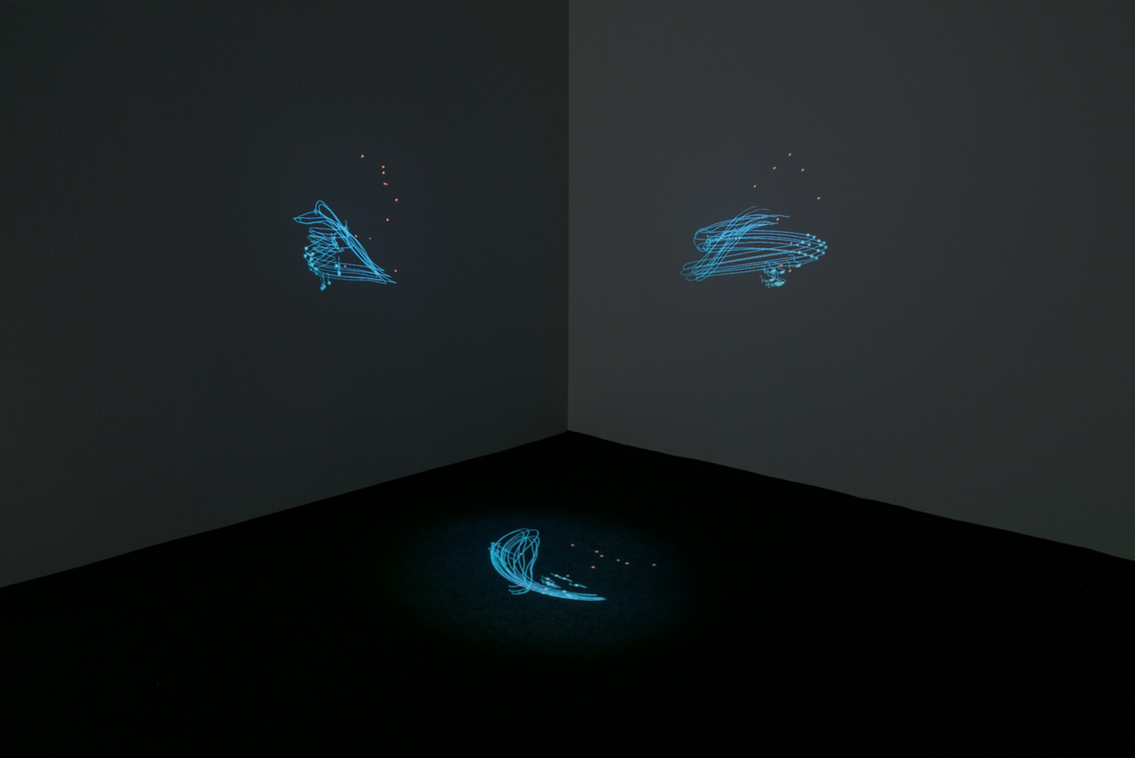 Das Foto zeigt das Untergeschoss des Edith-Russ-Hauses mit dem Kunstwerk von Anette Rose: Enzyklopädie der Handhabungen. Modul # 25 flechten, wirken, weben – motion capturing. Foto © Edith-Russ-Haus