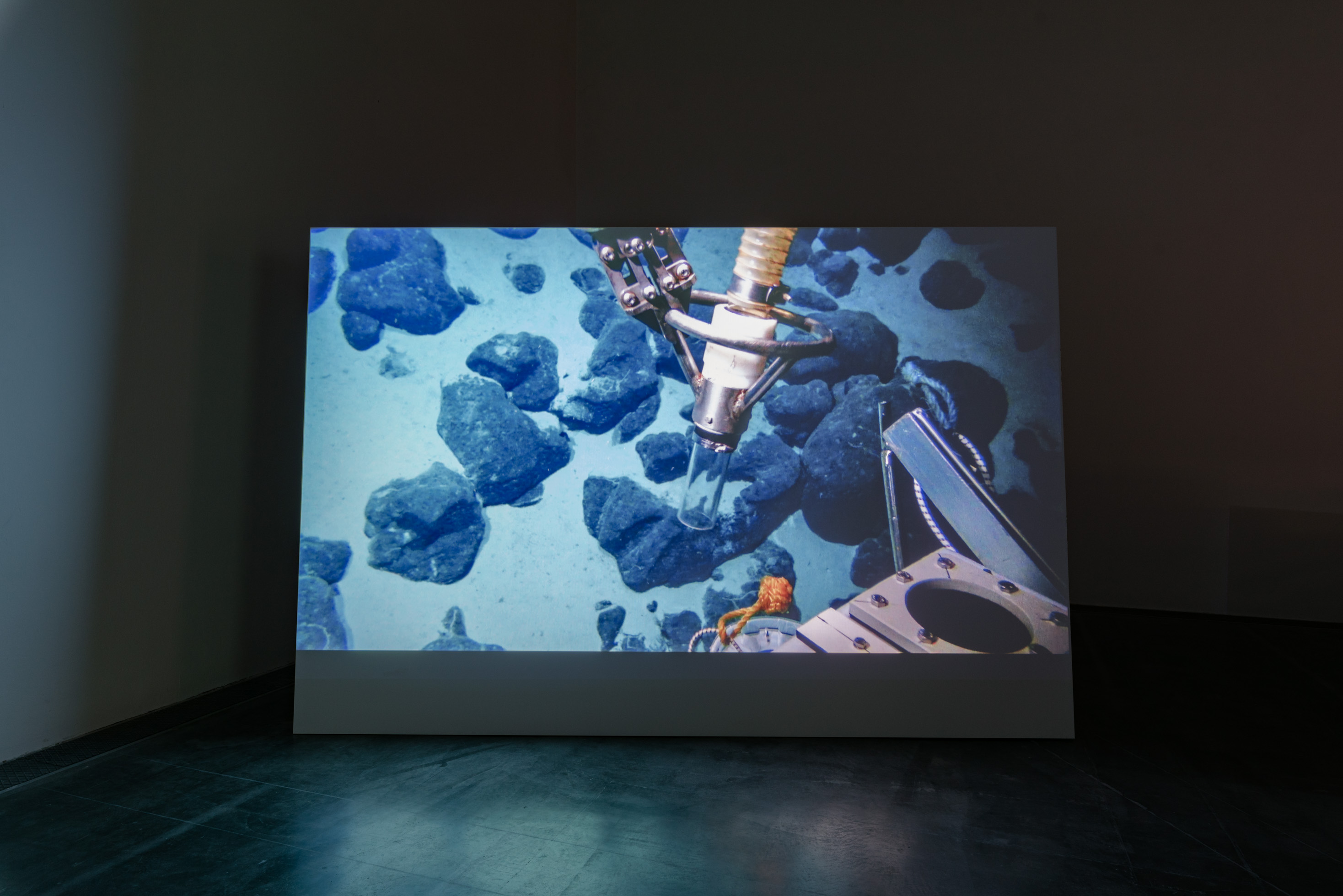 Das Foto zeigt das Obergeschoss des Edith-Russ-Hauses mit der Ausstellungsansicht Armin Linke: Ozeane – Dialoge zwischen Meeresgrund und Wassersäule. Foto © Edith-Russ-Haus