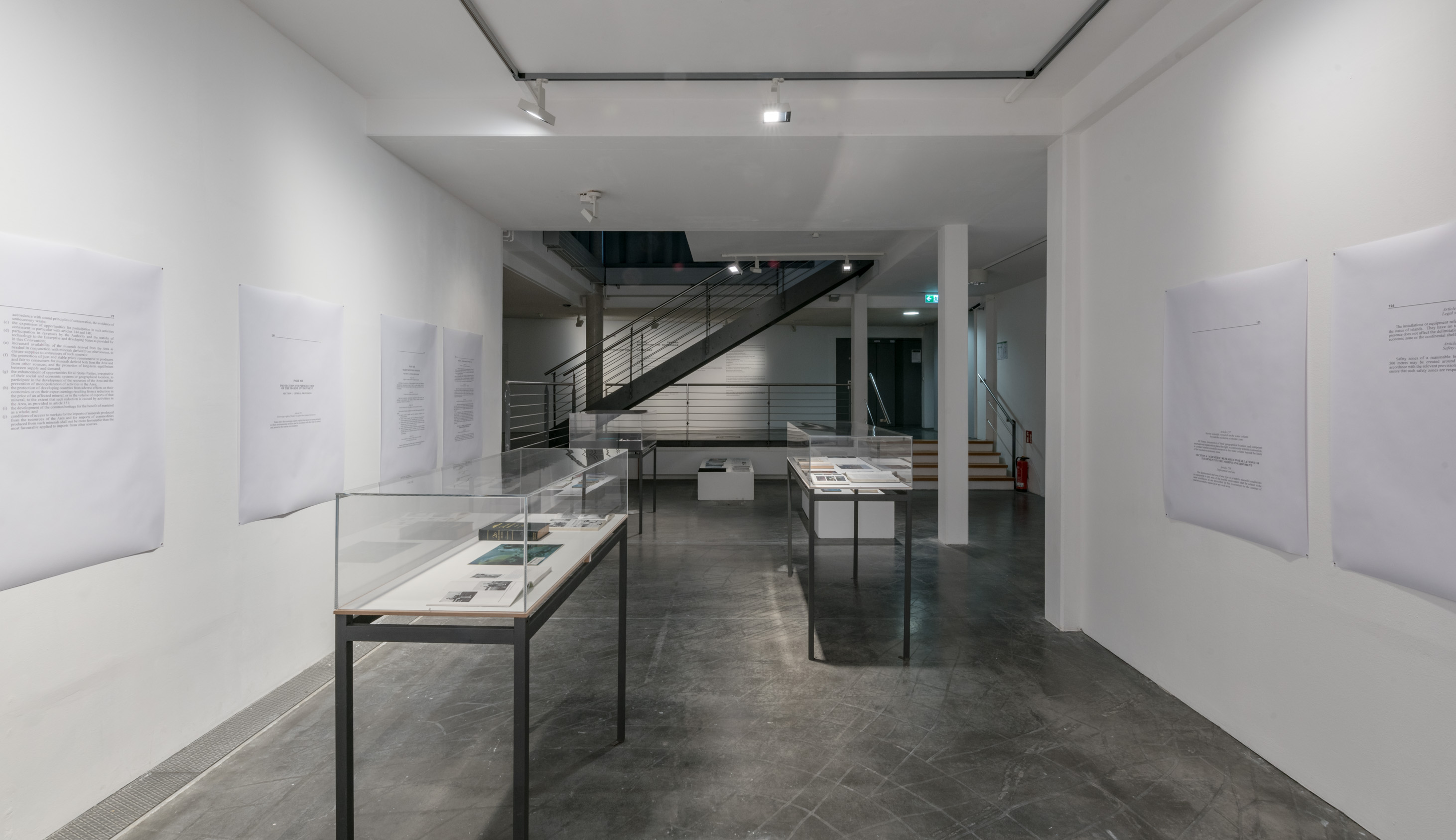 Das Foto zeigt das Untergeschoss des Edith-Russ-Hauses mit der Ausstellungsansicht Armin Linke: Ozeane – Dialoge zwischen Meeresgrund und Wassersäule. Foto © Edith-Russ-Haus
