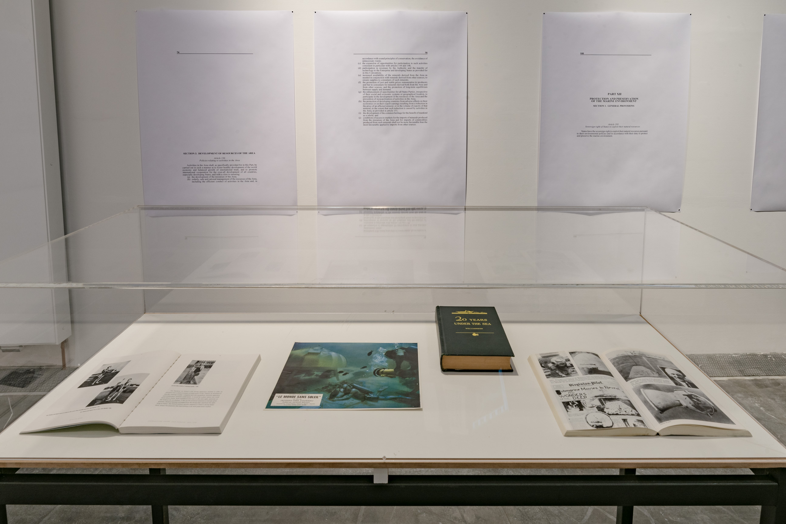 Das Foto zeigt das Untergeschoss des Edith-Russ-Hauses mit der Ausstellungsansicht Armin Linke: Ozeane – Dialoge zwischen Meeresgrund und Wassersäule. Foto © Edith-Russ-Haus