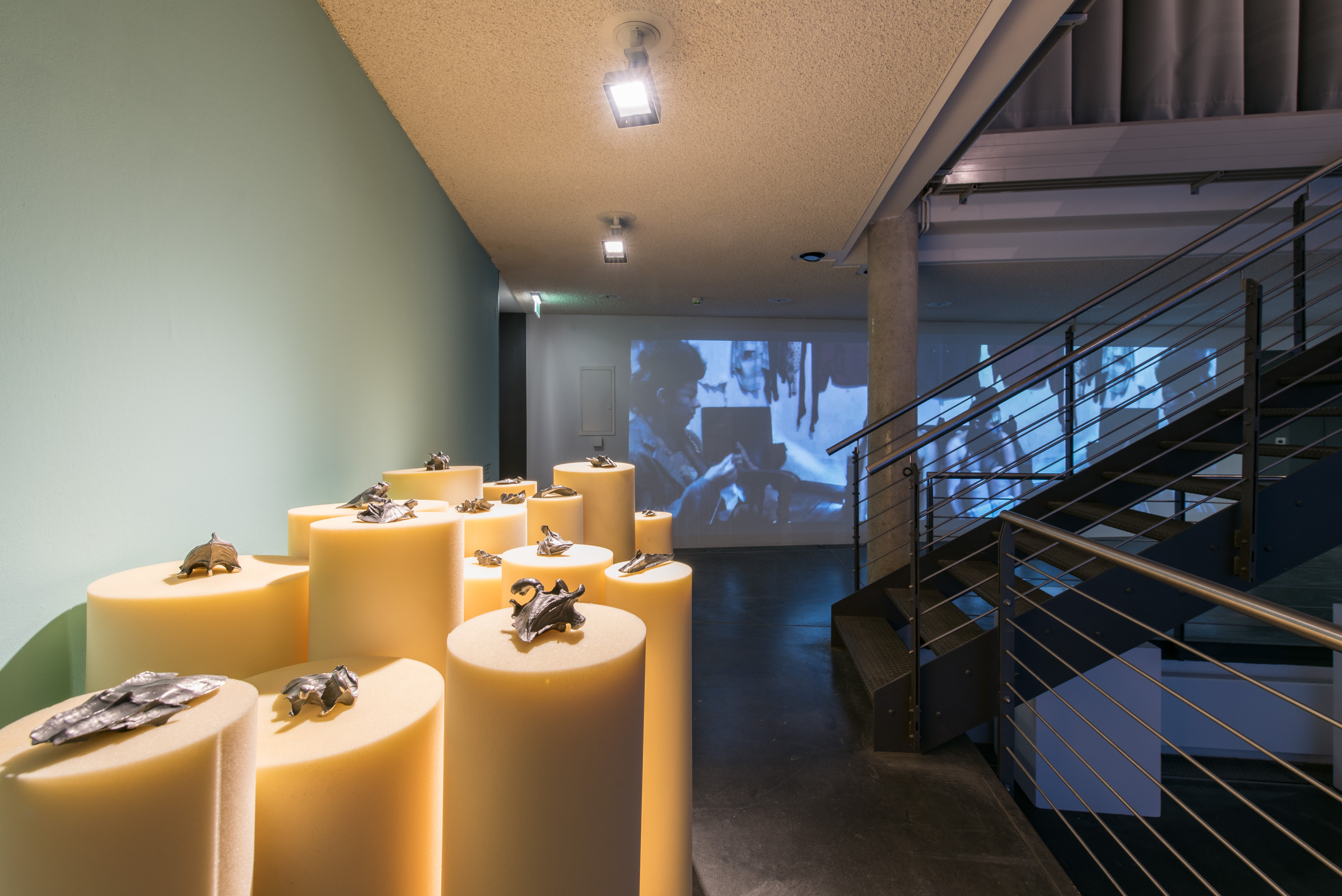 The photo shows the basement of the Edith Russ House with the Exhibition view For Beyond that Horizon Lies Another Horizon. Photo © Edith-Russ-Haus