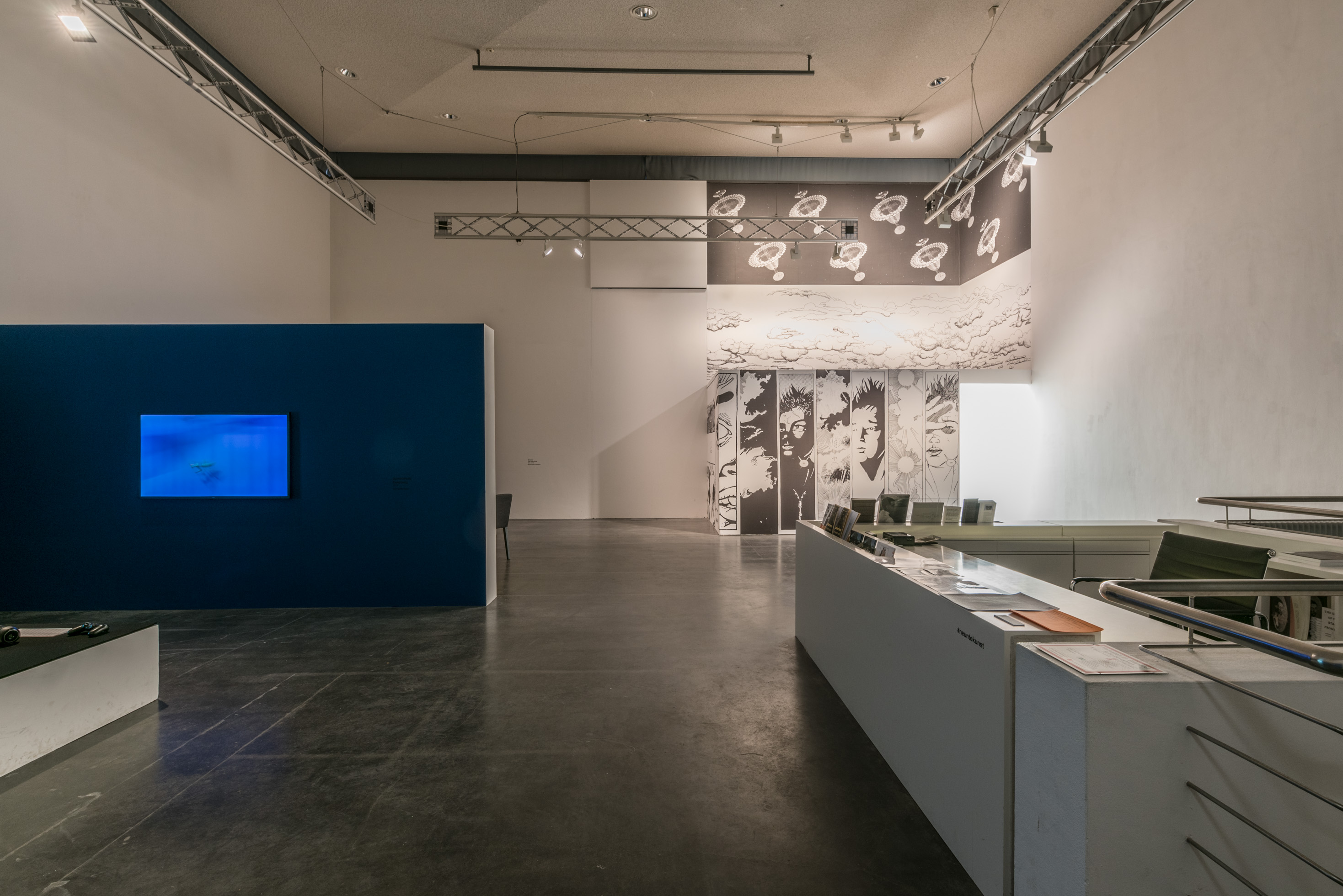 Das Foto zeigt das Obergeschoss des Edith-Russ-Hauses mit der Ausstellungsansicht Die neunte Kunst - Unwanted Stories. Foto © Edith-Russ-Haus
