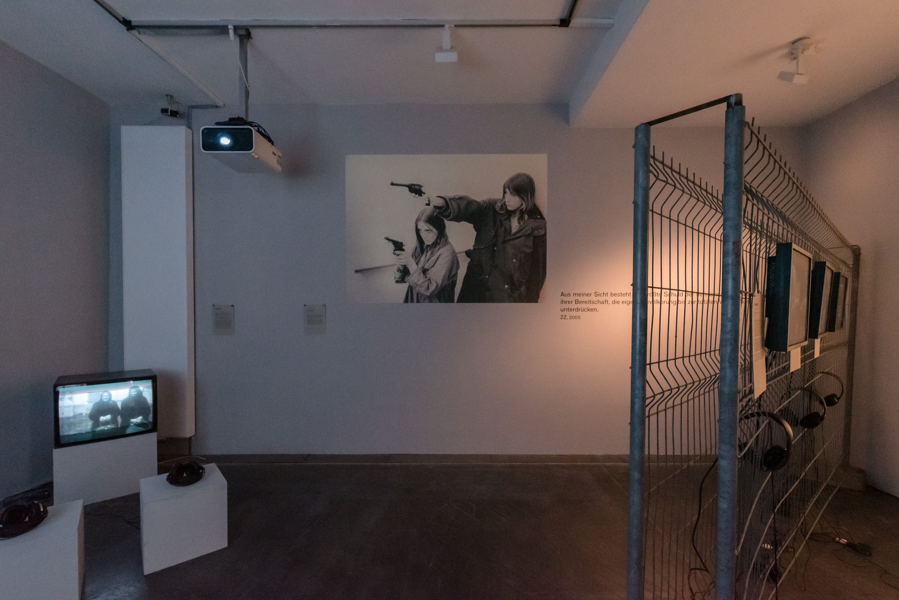 Das Foto zeigt das Untergeschoss des Edith-Russ-Hauses mit der Ausstellungsansicht Želimir Žilnik: Shadow Citizens. Foto © Edith-Russ-Haus