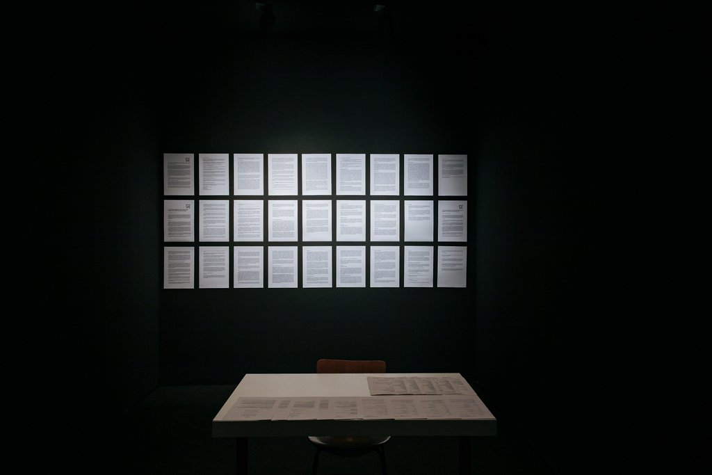Das Foto zeigt das Untergeschoss des Edith-Russ-Hauses mit dem Kunstwerk von Cornelia Sollfrank: Vertragsraum. Foto Christoph Irrgang © Edith-Russ-Haus